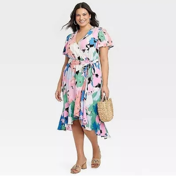 Women's Flutter Short Sleeve Midi Wrap Dress - Ava & Viv Abstract Floral XXL - Picture 2 of 8